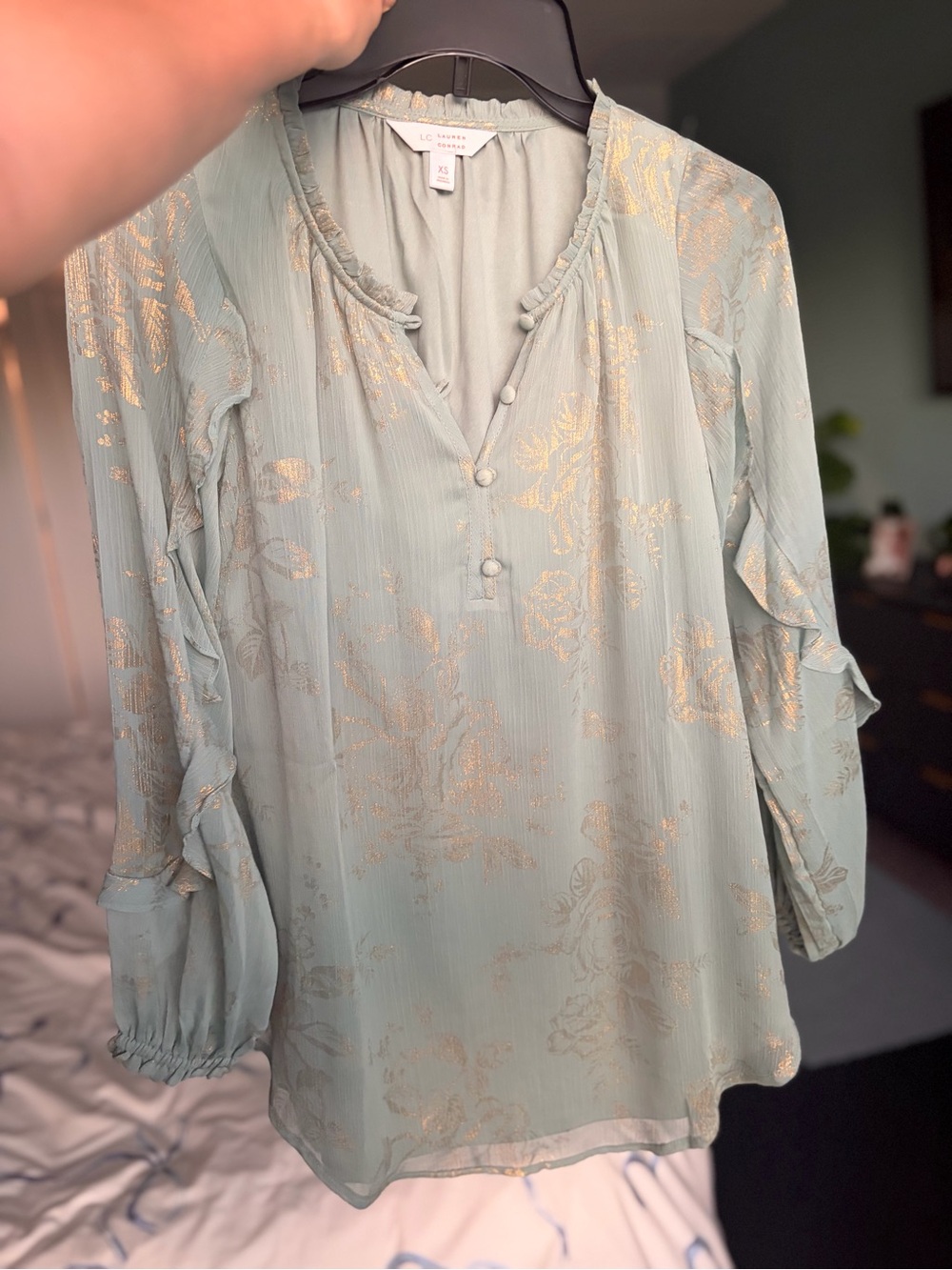 LC Lauren Conrad Sage Green Blouse with Gold Floral XS